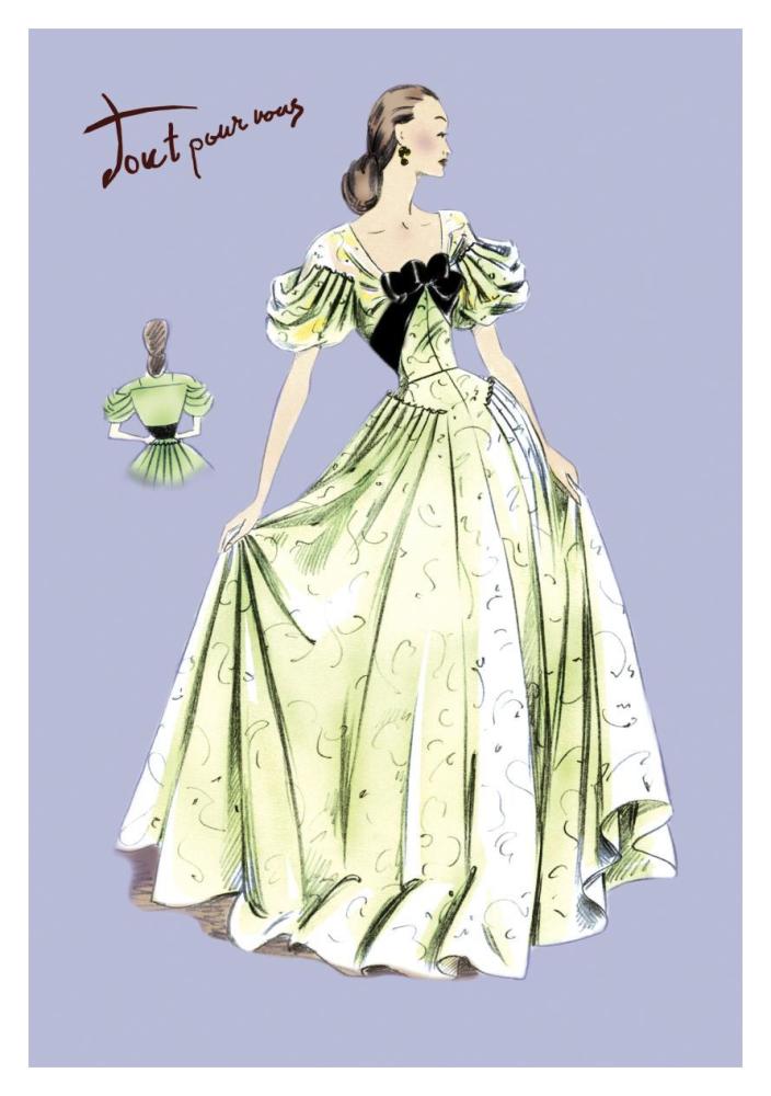 Pleated Lime Gown, 1947-Paper Art-14"x20"