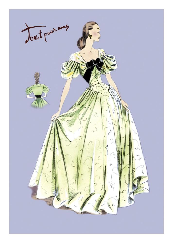 Pleated Lime Gown, 1947-Paper Art-18"x26"