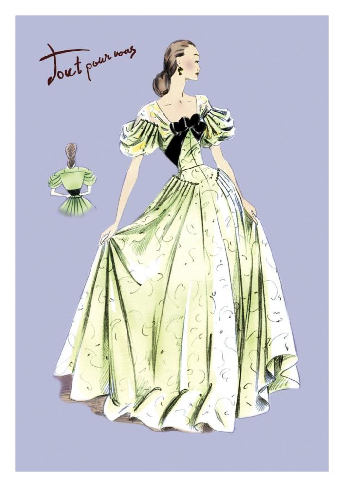 Pleated Lime Gown, 1947-Paper Art-22"x32"