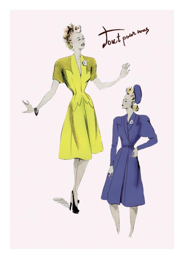 Knee-Length Dresses in Blue and Yellow, 1947-Paper Art-18"x26"