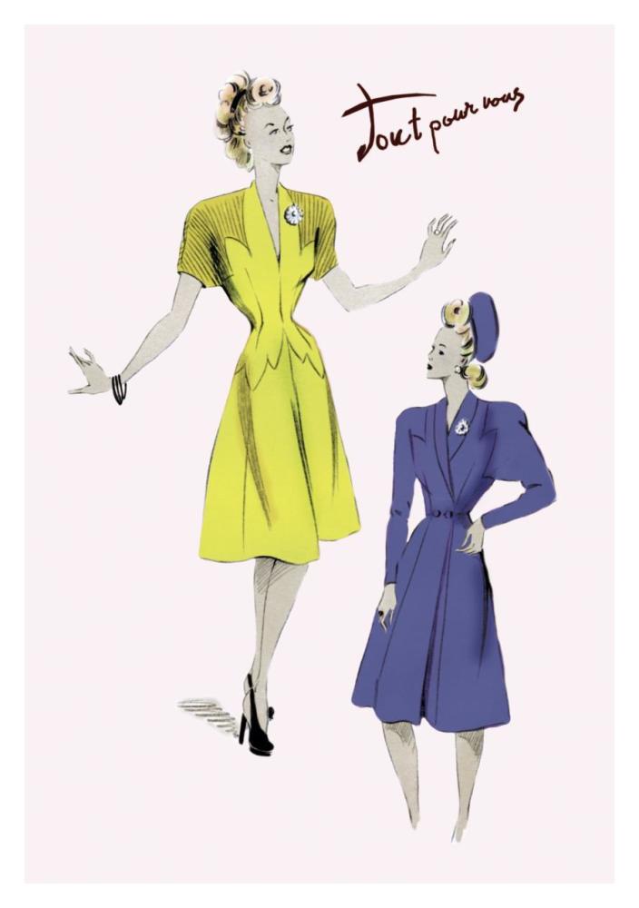 Knee-Length Dresses in Blue and Yellow, 1947-Paper Art-26"x38"