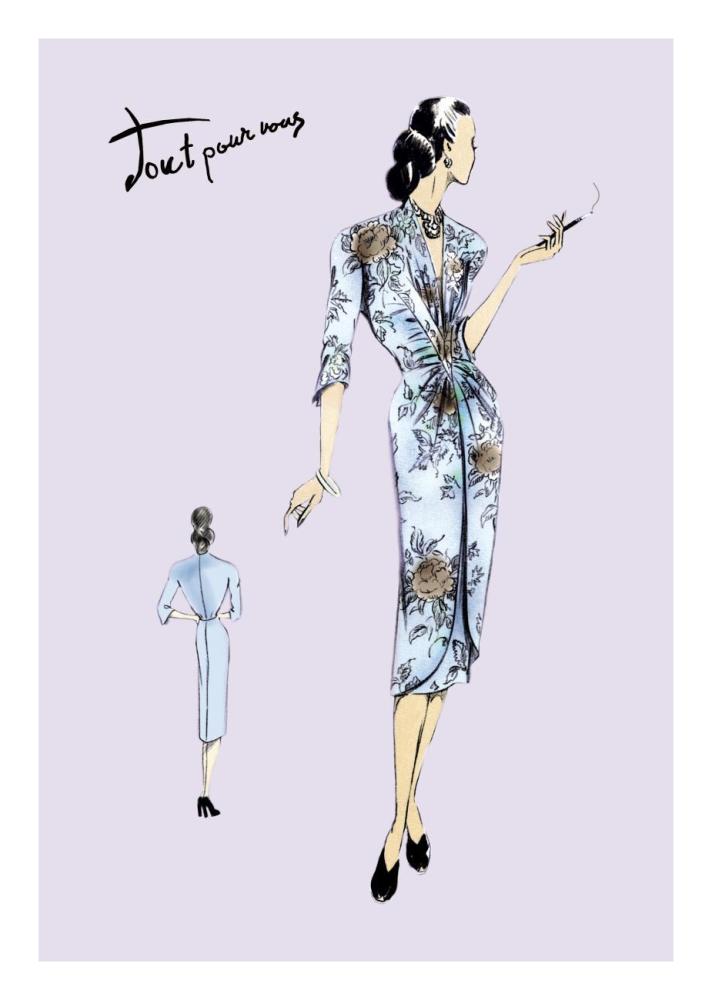 Flowered Dinner Dress, 1947-Paper Art-18"x26"