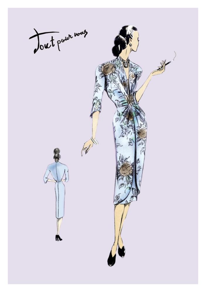 Flowered Dinner Dress, 1947-Paper Art-26"x38"