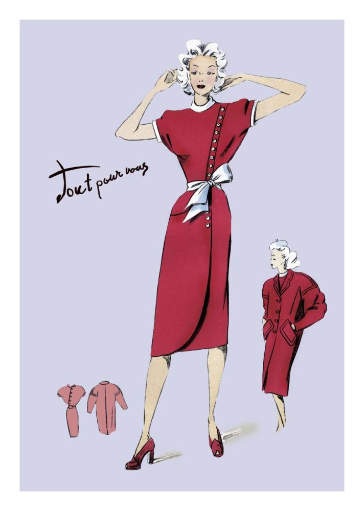 Red Dress with Matching Overcoat, 1947-Paper Art-18"x26"
