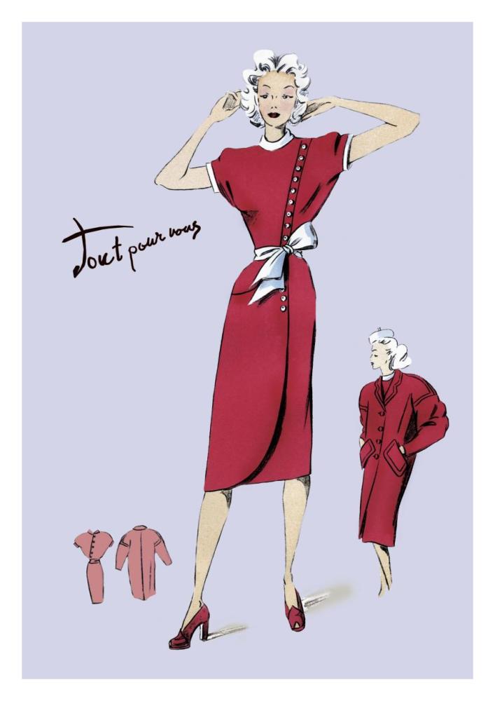 Red Dress with Matching Overcoat, 1947-Paper Art-22"x32"