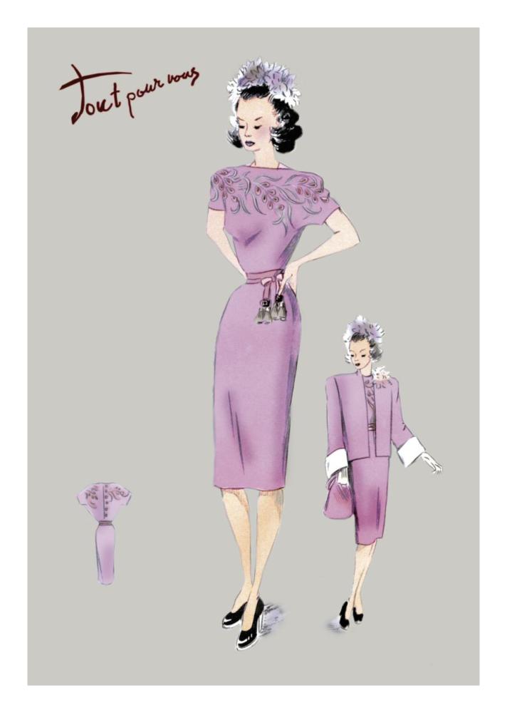 Pink Evening Dress with Overcoat and Hat, 1947-Paper Art-18"x26"
