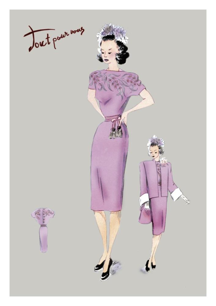 Pink Evening Dress with Overcoat and Hat, 1947-Paper Art-22"x32"