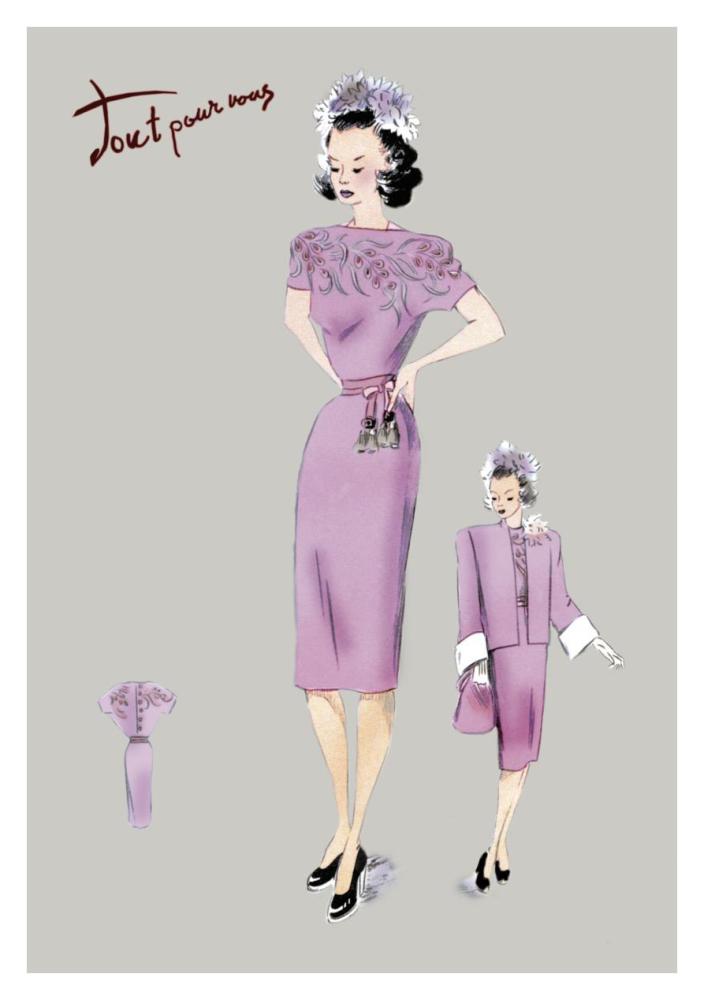 Pink Evening Dress with Overcoat and Hat, 1947-Paper Art-26"x38"