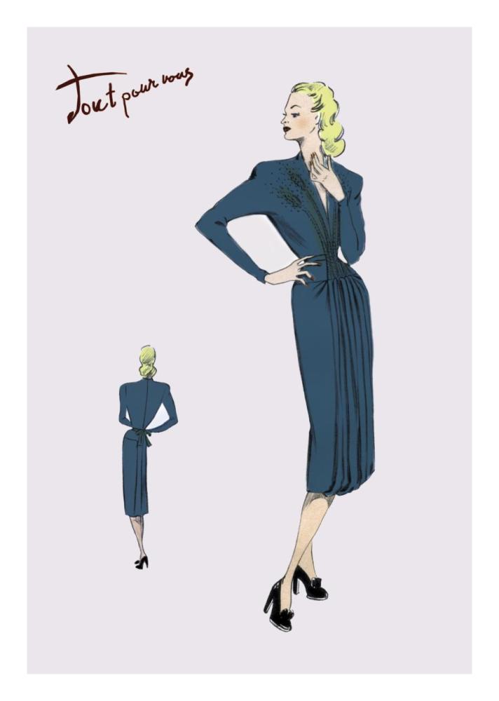 Pleated Long-Sleeved Dress, 1947-Paper Art-18"x26"