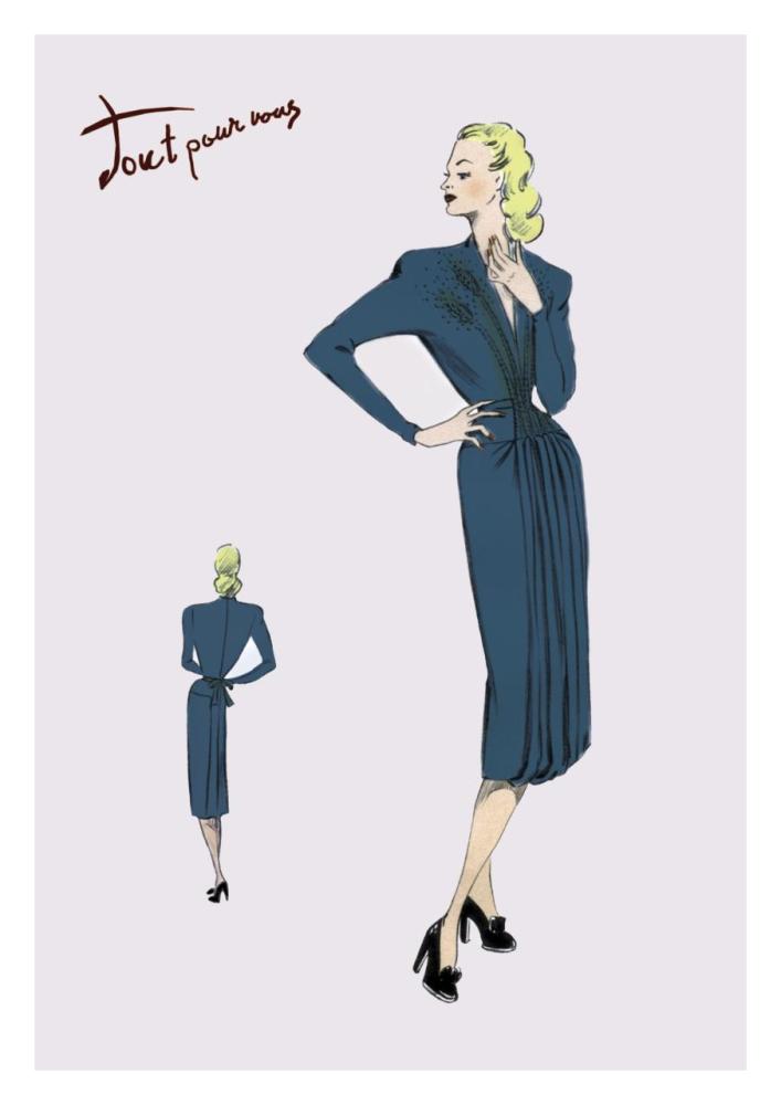 Pleated Long-Sleeved Dress, 1947-Paper Art-22"x32"
