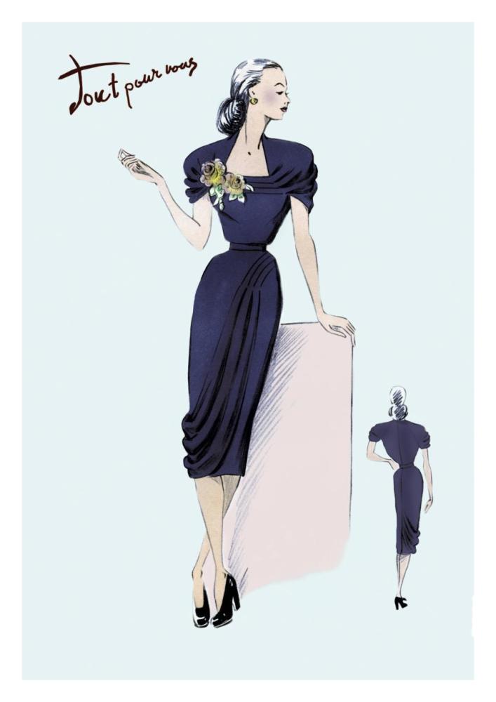 Royal Blue Dress with Corsage, 1947-Paper Art-22"x32"