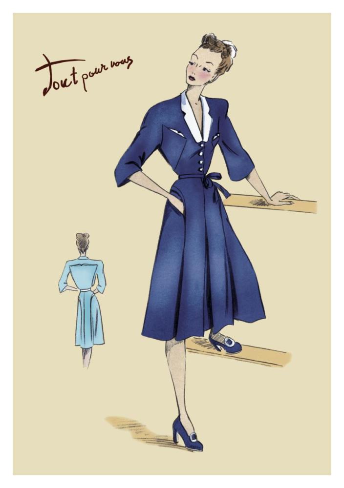 Blue Daytime Dress with Collar and Belt, 1947-Paper Art-14"x20"