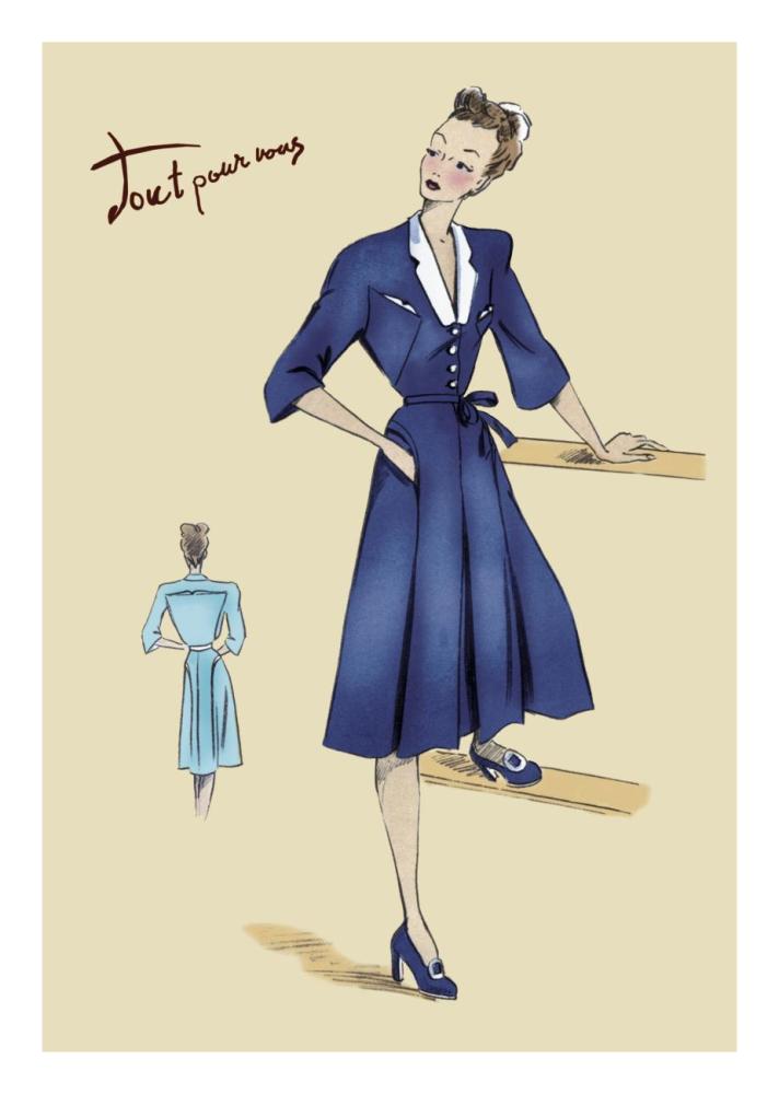 Blue Daytime Dress with Collar and Belt, 1947-Paper Art-18"x26"