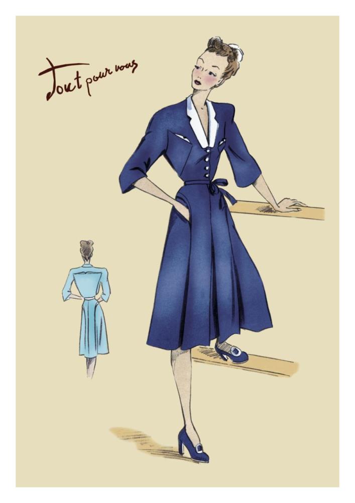 Blue Daytime Dress with Collar and Belt, 1947-Paper Art-22"x32"