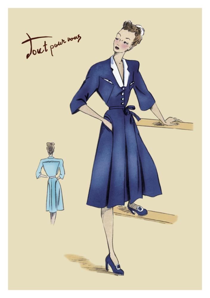 Blue Daytime Dress with Collar and Belt, 1947-Paper Art-26"x38"