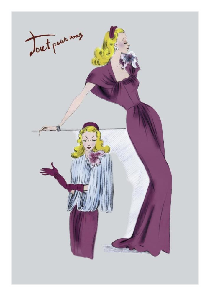 Evening Gown with Fur Cape, 1947-Paper Art-18"x26"