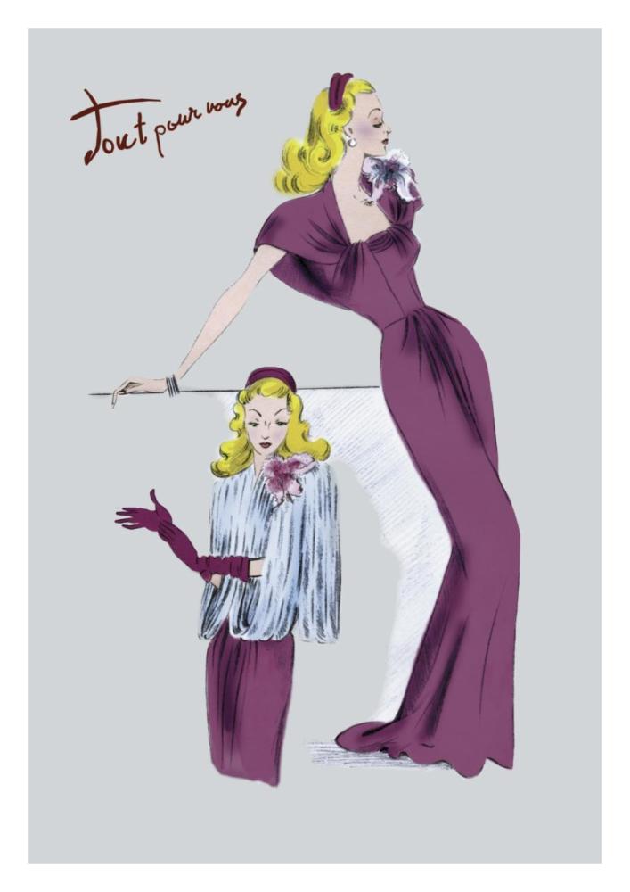 Evening Gown with Fur Cape, 1947-Paper Art-22"x32"