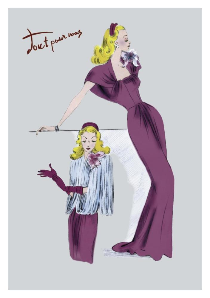 Evening Gown with Fur Cape, 1947-Paper Art-26"x38"