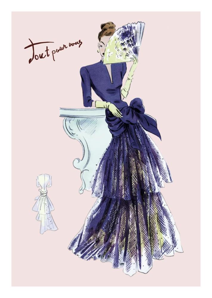 Royal Blue Evening Dress with Fan, 1947-Paper Art-18"x26"