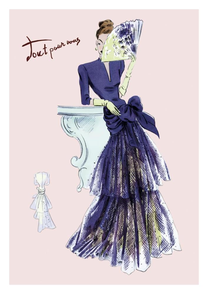 Royal Blue Evening Dress with Fan, 1947-Paper Art-22"x32"