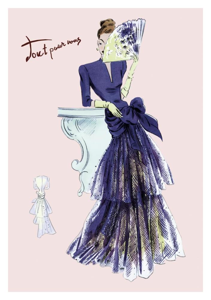 Royal Blue Evening Dress with Fan, 1947-Paper Art-26"x38"