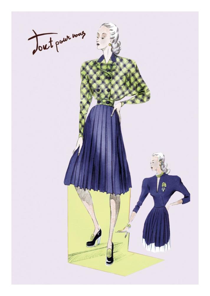 Pleated Dress with Plaid Jacket, 1947-Paper Art-18"x26"