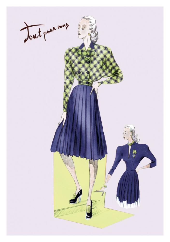 Pleated Dress with Plaid Jacket, 1947-Paper Art-26"x38"