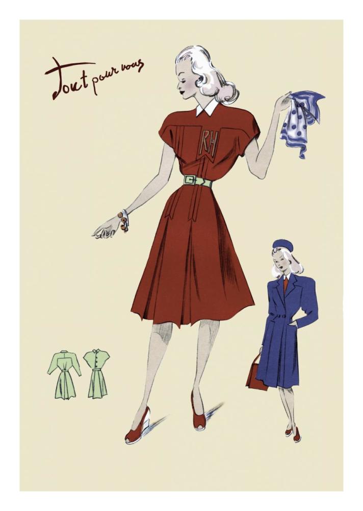 Dress, Coat and Scarf, 1947-Paper Art-18"x26"