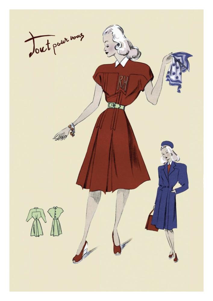 Dress, Coat and Scarf, 1947-Paper Art-22"x32"