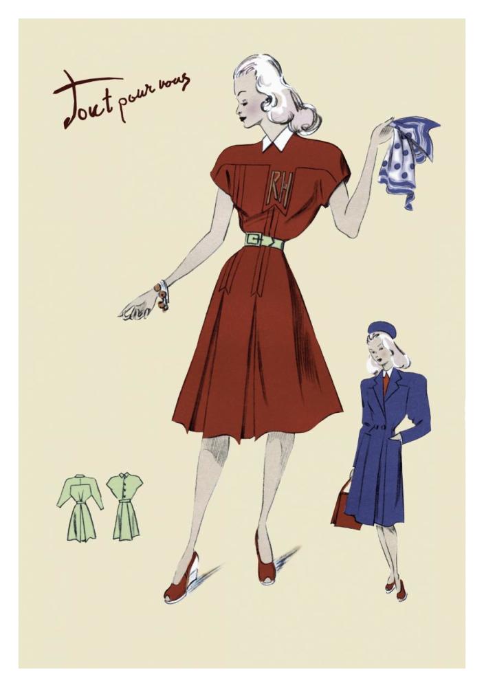 Dress, Coat and Scarf, 1947-Paper Art-26"x38"