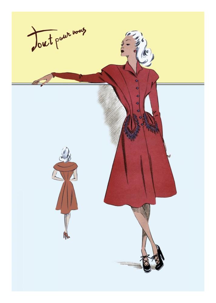 Casual Dress in Red, 1947-Paper Art-18"x26"