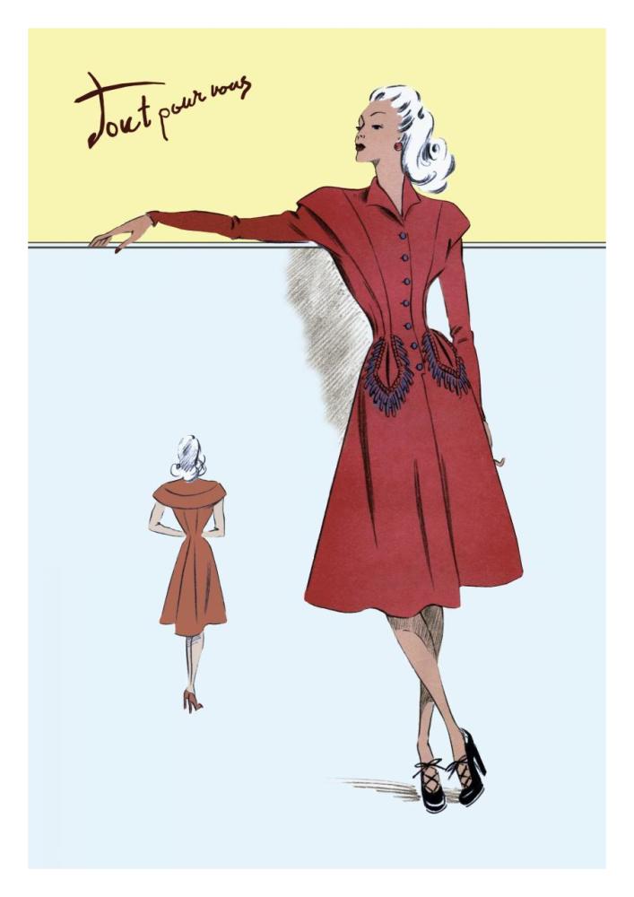Casual Dress in Red, 1947-Paper Art-22"x32"