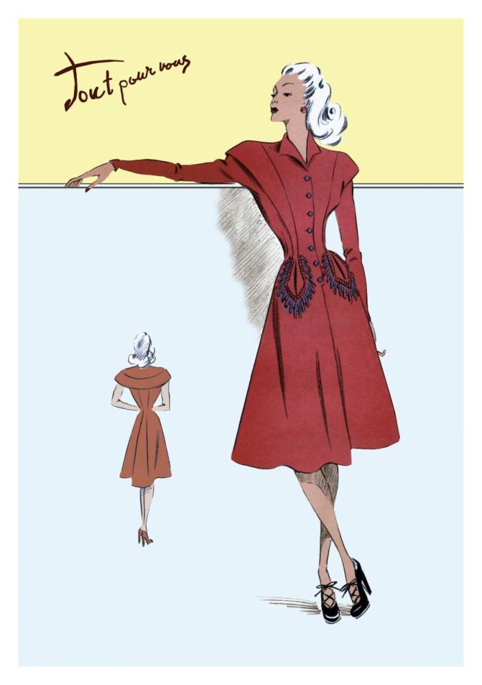 Casual Dress in Red, 1947-Paper Art-26"x38"