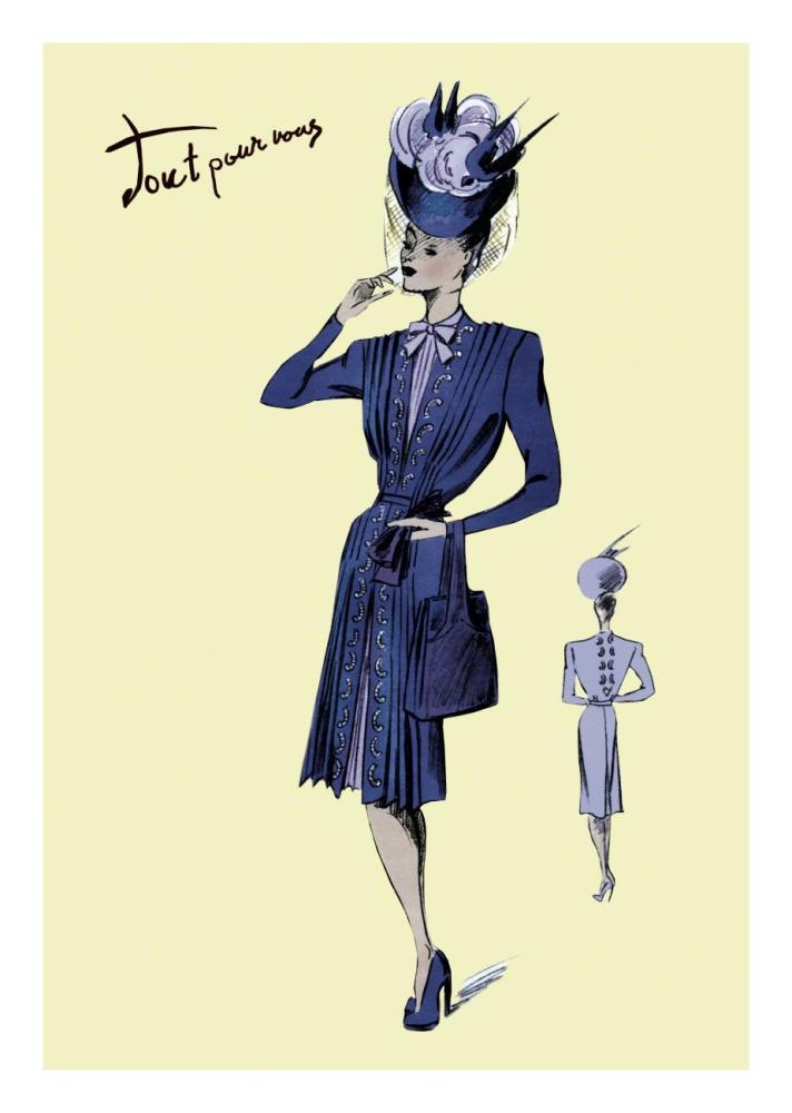 Pleated Dress with Hat and Vail, 1947-Paper Art-18"x26"