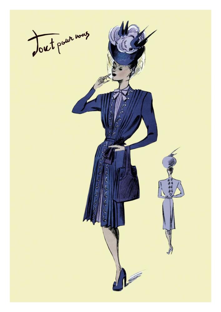 Pleated Dress with Hat and Vail, 1947-Paper Art-22"x32"