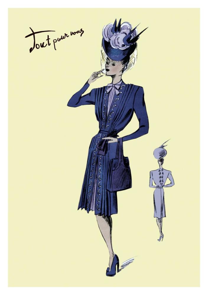 Pleated Dress with Hat and Vail, 1947-Paper Art-26"x38"