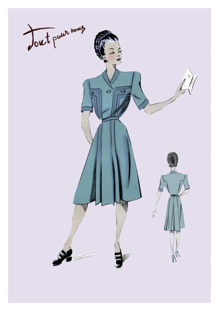 Casual Dress in Turquoise, 1947-Paper Art-14"x20"