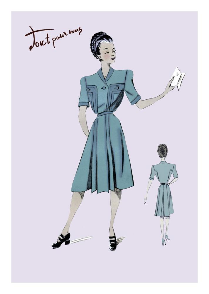 Casual Dress in Turquoise, 1947-Paper Art-18"x26"