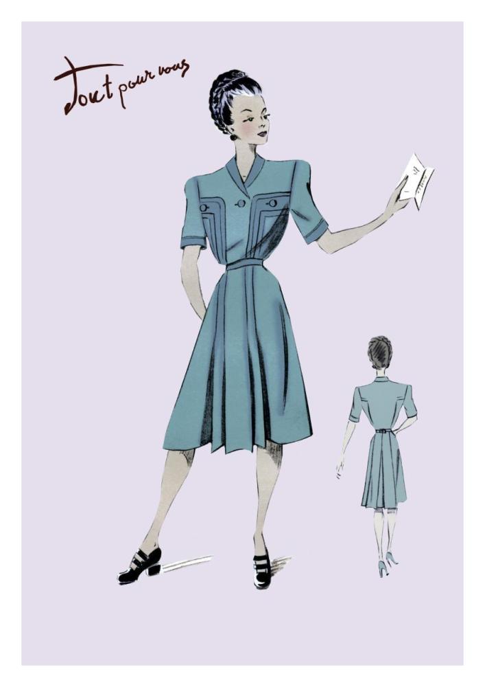 Casual Dress in Turquoise, 1947-Paper Art-22"x32"