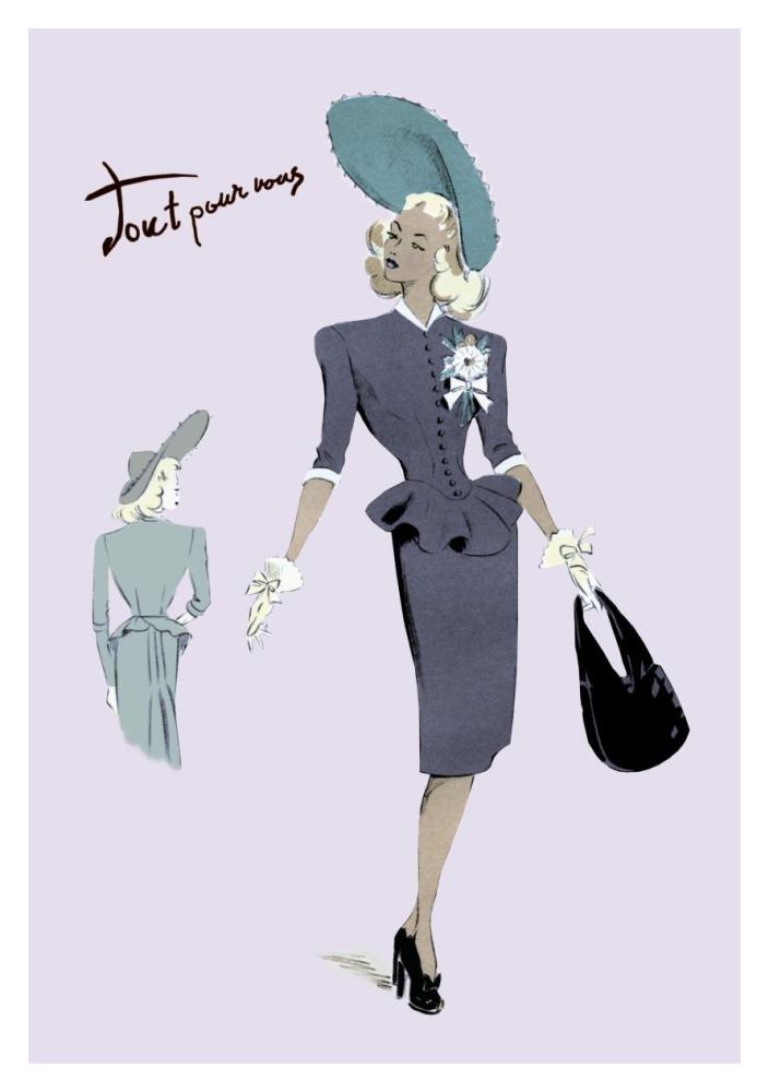 Classy Suit Dress with Hat and Bag, 1947-Paper Art-14"x20"