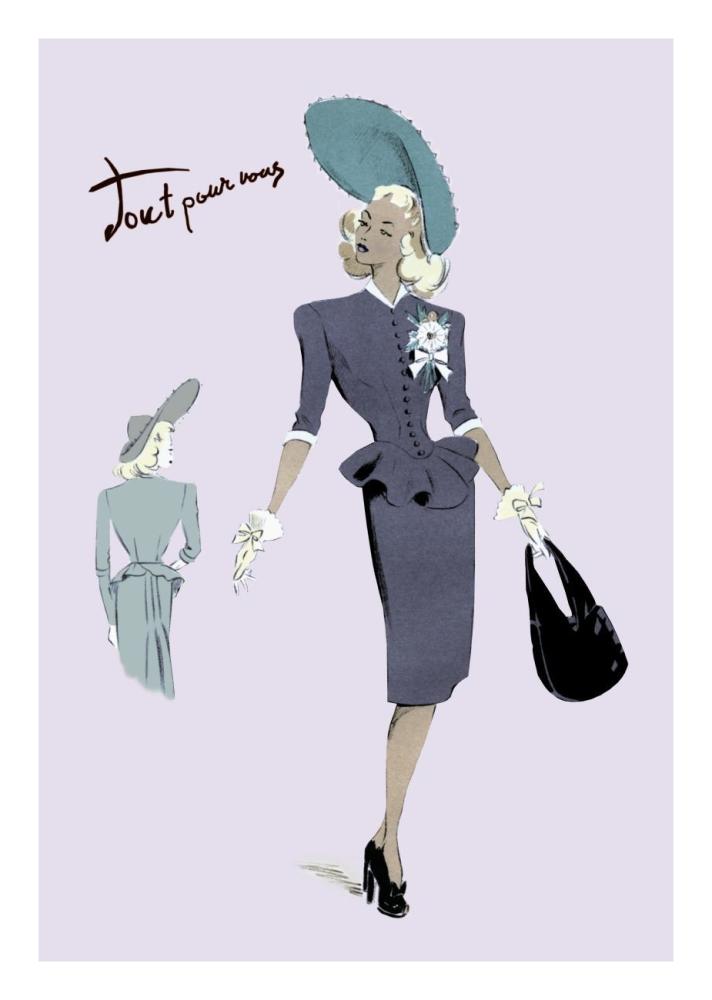 Classy Suit Dress with Hat and Bag, 1947-Paper Art-18"x26"