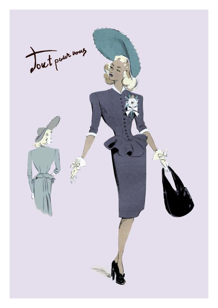 Classy Suit Dress with Hat and Bag, 1947-Paper Art-22"x32"