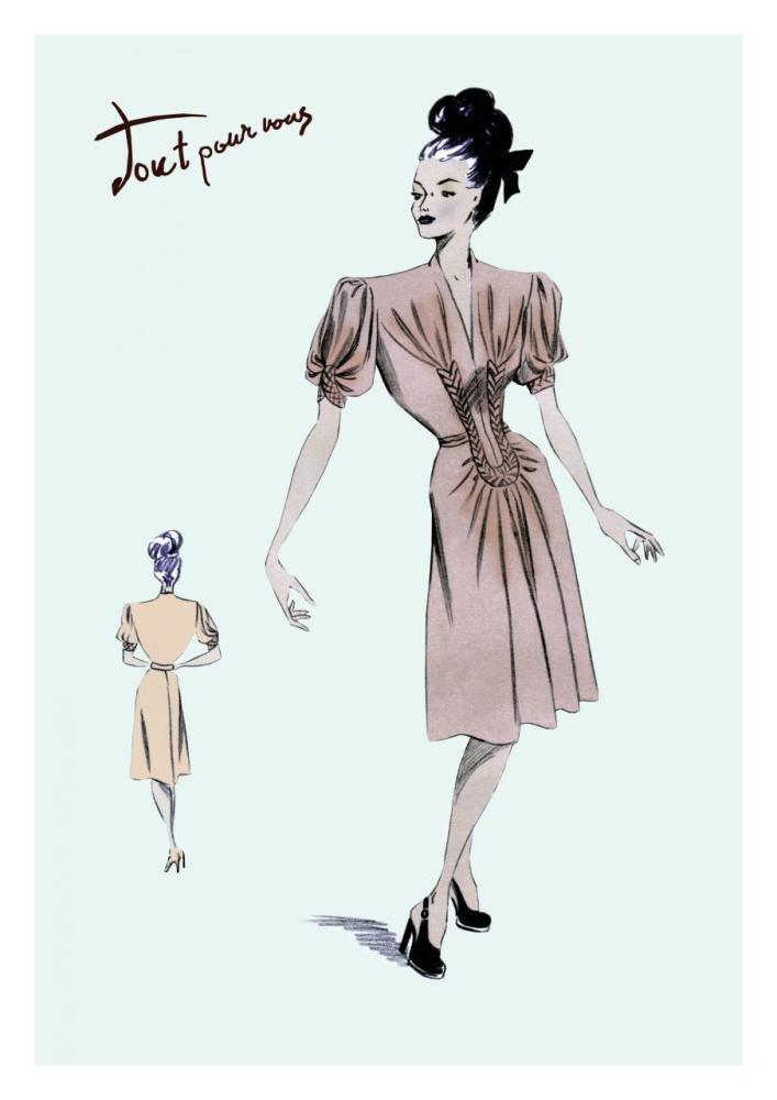 Party Dress with Pleats, 1947-Paper Art-22"x32"