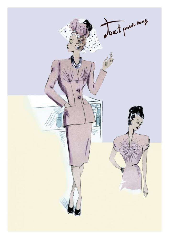 Dressy Evening Suit with Hat and Veil, 1947-Paper Art-22"x32"