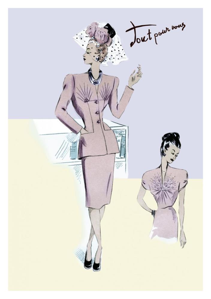 Dressy Evening Suit with Hat and Veil, 1947-Paper Art-26"x38"