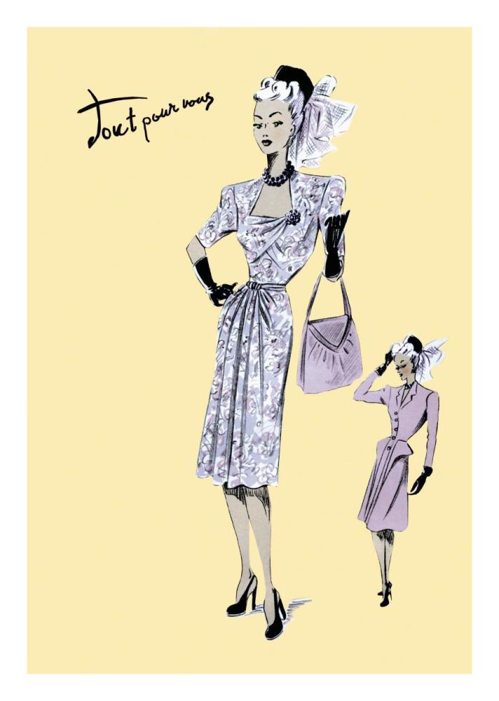 Fashionable Dress with Bag and Hat, 1947-Paper Art-18"x26"