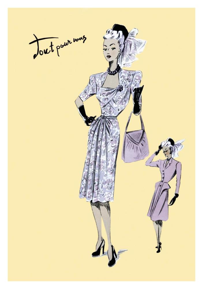 Fashionable Dress with Bag and Hat, 1947-Paper Art-26"x38"