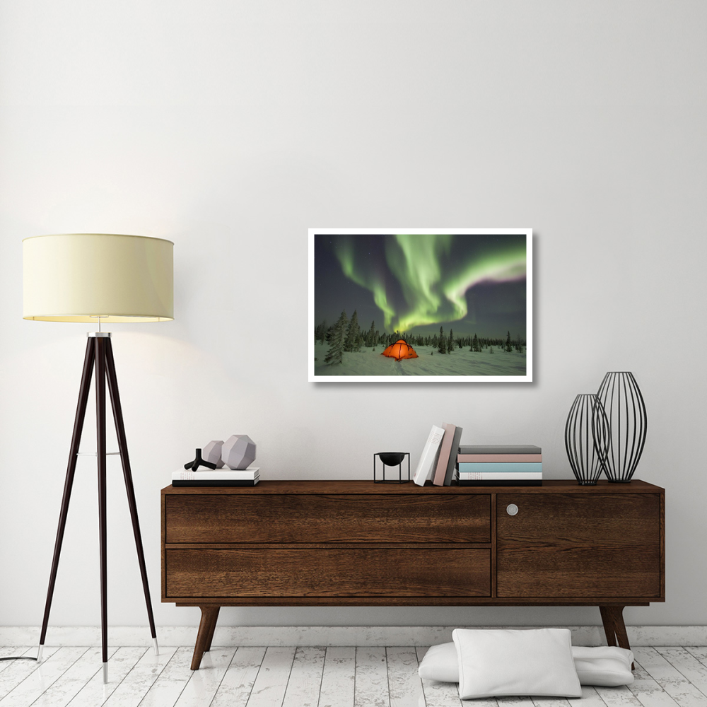 Northern lights or aurora borealis over illuminated tent, boreal forest, North America-Paper Art-38&quotx26"
