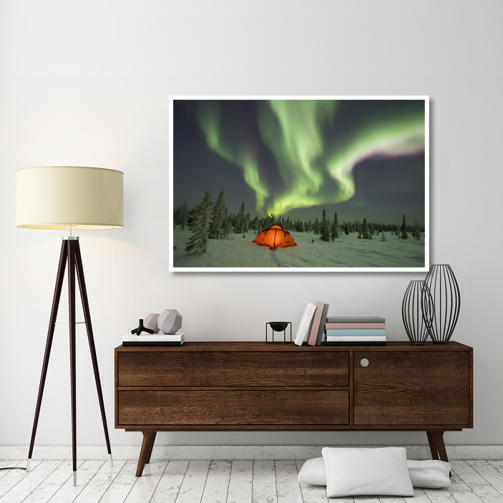 Northern lights or aurora borealis over illuminated tent, boreal forest, North America-Paper Art-62&quotx42"