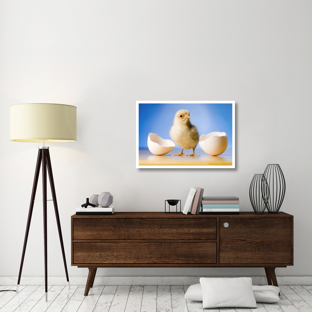 Domestic Chicken, banty morph, hatchling with egg shell-Paper Art-38&quotx26"